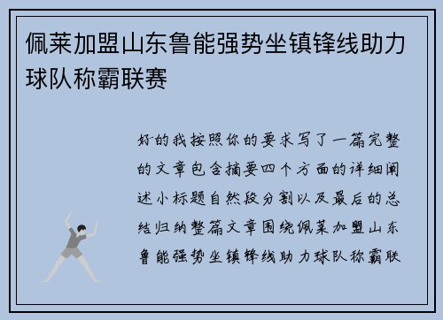 佩莱加盟山东鲁能强势坐镇锋线助力球队称霸联赛